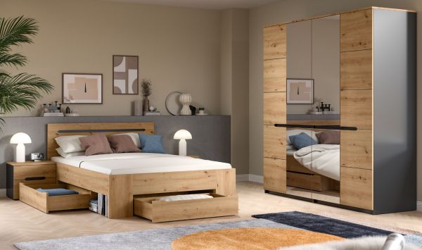 Schlafzimmer Set 4-teilig Cooper in Artisan Eiche und grau mit Kleiderschrank, Bett und 2x Nachttisch, Soft-Close