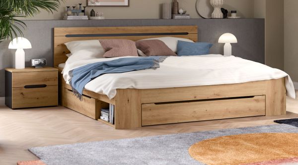 Schlafzimmer Set 3-teilig Cooper in Artisan Eiche und grau mit Bett Liegefl�che 180 x 200 cm und 2x Nachttisch