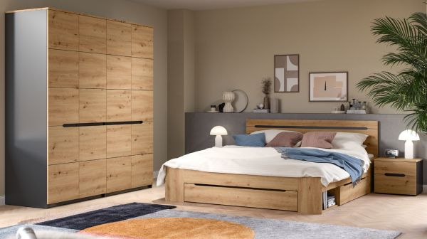 Schlafzimmer Set 4-teilig Cooper in Artisan Eiche und grau mit Kleiderschrank, Bett und 2x Nachttisch, Soft-Close