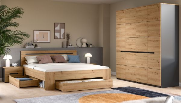 Schlafzimmer Set 4-teilig Cooper in Artisan Eiche und grau mit Kleiderschrank, Bett und 2x Nachttisch, Soft-Close