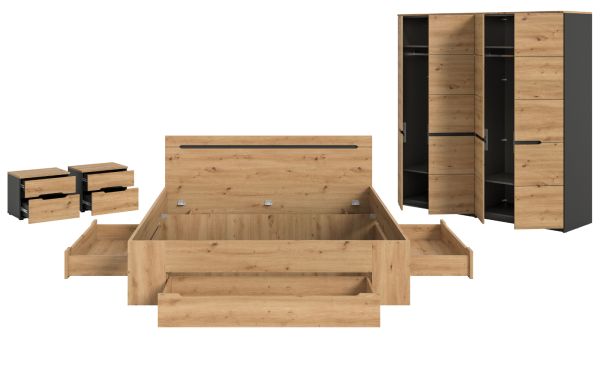 Schlafzimmer Set 4-teilig Cooper in Artisan Eiche und grau mit Kleiderschrank, Bett und 2x Nachttisch, Soft-Close