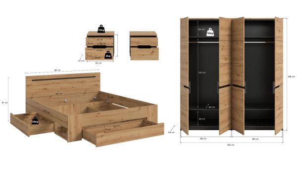 Schlafzimmer Set 4-teilig Cooper in Artisan Eiche und grau mit Kleiderschrank, Bett und 2x Nachttisch, Soft-Close