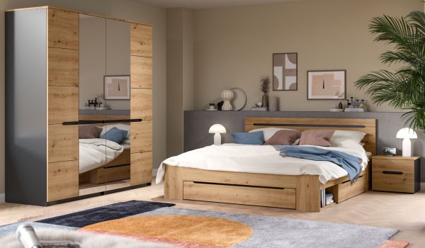 Schlafzimmer Set 4-teilig Cooper in Artisan Eiche und grau mit Kleiderschrank, Bett und 2x Nachttisch, Soft-Close