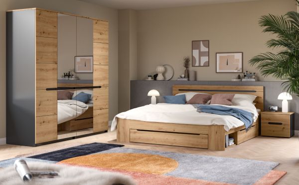 Schlafzimmer Set 4-teilig Cooper in Artisan Eiche und grau mit Kleiderschrank, Bett und 2x Nachttisch, Soft-Close