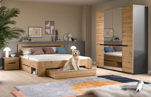 Schlafzimmer Set 4-teilig Cooper in Artisan Eiche und grau mit Kleiderschrank, Bett und 2x Nachttisch, Soft-Close