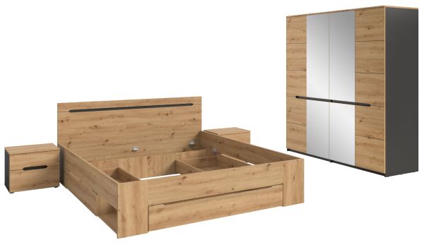 Schlafzimmer Set 4-teilig Cooper in Artisan Eiche und grau mit Kleiderschrank, Bett und 2x Nachttisch, Soft-Close
