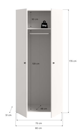 Kleiderschrank Carter in wei� Dreht�renschrank 2-t�rig 80 x 176 cm