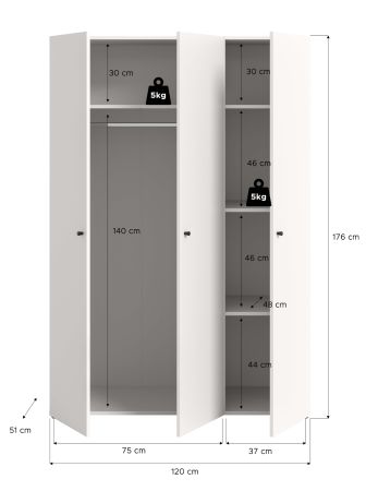 Kleiderschrank Carter in wei� Dreht�renschrank 3-t�rig 120 x 176 cm