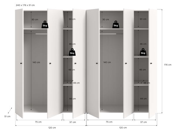 Kleiderschrank Carter in wei� Dreht�renschrank 6-t�rig 240 x 176 cm