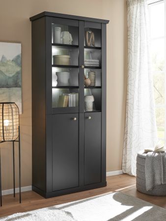 Vitrine Filmore in Schwarz matt und Eiche Landhaus 86 x 200 cm, Soft-Close