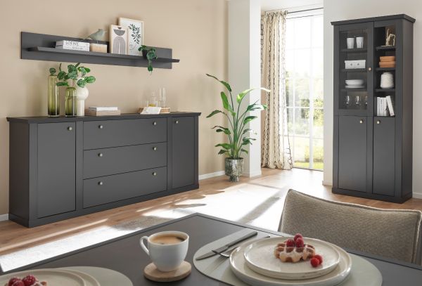 Vitrine Filmore in Schwarz matt und Eiche Landhaus 86 x 200 cm, Soft-Close