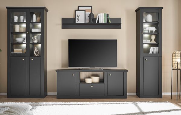 Vitrine Filmore in Schwarz matt und Eiche Landhaus 86 x 200 cm, Soft-Close