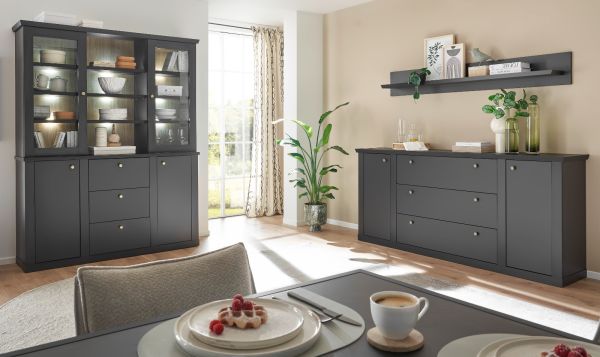 Buffet Filmore in Schwarz matt und Eiche Landhaus 158 x 201 cm, Soft-Close