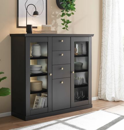 Highboard Filmore in Schwarz matt und Eiche Landhaus 129 x 117 cm, Soft-Close