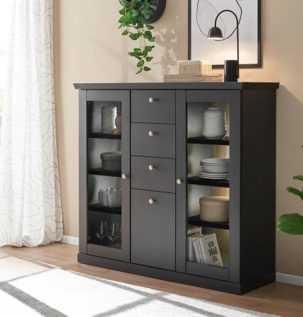 Highboard Filmore in Schwarz matt und Eiche Landhaus 129 x 117 cm, Soft-Close