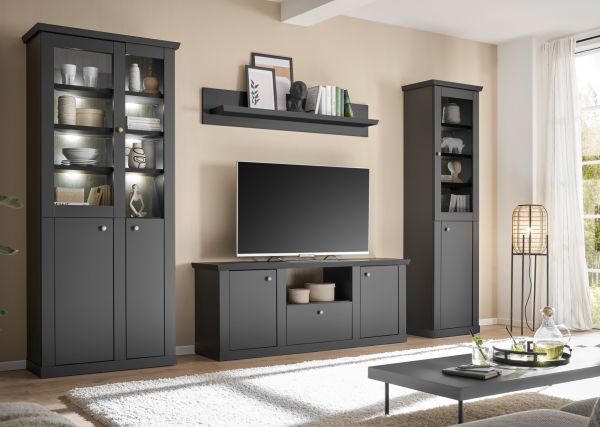 TV-Lowboard Filmore in Schwarz matt und Eiche Landhaus 158 x 62 cm, Soft-Close und Komforth�he