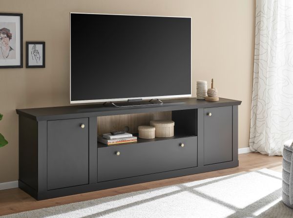 TV-Lowboard Filmore in Schwarz matt und Eiche Landhaus 205 x 62 cm, Soft-Close und Komforth�he