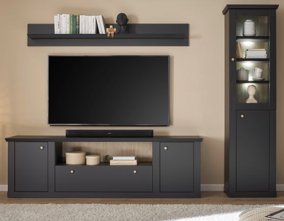 Wohnwand Filmore in Schwarz matt und Eiche Landhaus 270 x 200 cm, Soft-Close