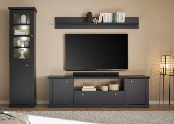 Wohnwand Filmore in Schwarz matt und Eiche Landhaus 270 x 200 cm, Soft-Close