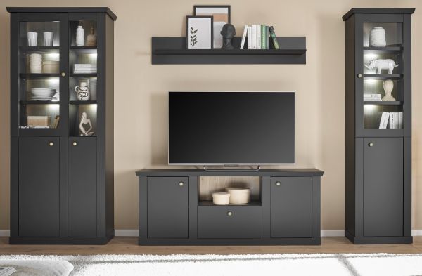 Wohnwand Filmore in Schwarz matt und Eiche Landhaus 319 x 200 cm, Soft-Close