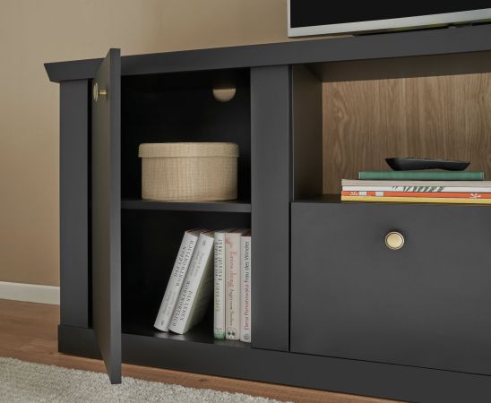 Wohnwand Filmore in Schwarz matt und Eiche Landhaus 301 x 200 cm, Soft-Close