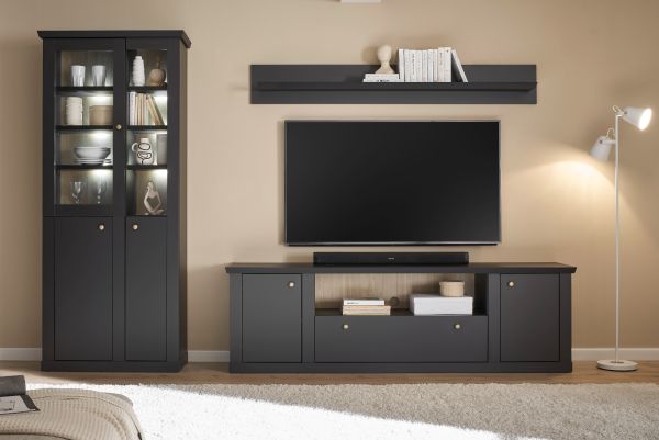 Wohnwand Filmore in Schwarz matt und Eiche Landhaus 301 x 200 cm, Soft-Close