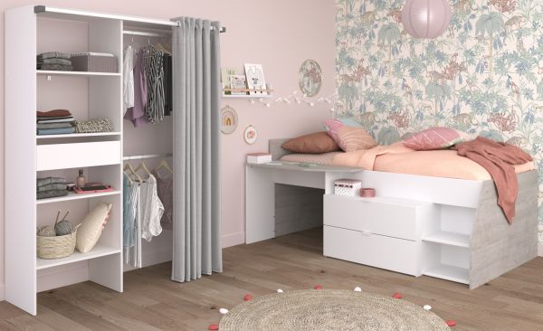 Parisot Kinder- und Jugendzimmer Milky21 in wei� und grau, Stauraumbett und Kleiderschrank