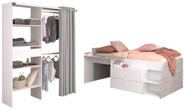 Parisot Kinder- und Jugendzimmer Milky21 in wei� und grau, Stauraumbett und Kleiderschrank