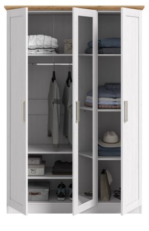 Kleiderschrank mit Spiegel Marina in wei� L�rche und Eiche Artisan Landhaus Dreht�renschrank 3-t�rig 124 x 185 cm