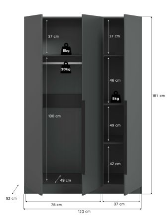 Kleiderschrank Swan in grau Dreht�renschrank 3-t�rig 120 x 181 cm