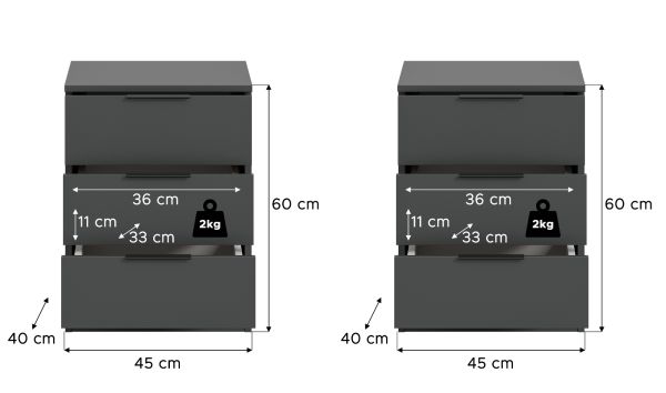 Nachttisch Set Swan in grau 2x Nachtkommode in Komforth�he 45 x 60 cm