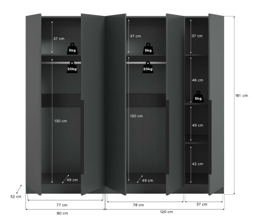 Kleiderschrank Swan in grau Dreht�renschrank 5-t�rig 200 x 181 cm