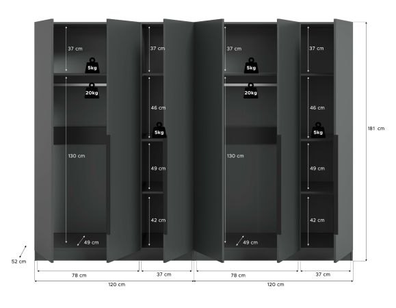 Kleiderschrank Swan in grau Dreht�renschrank 6-t�rig 240 x 181 cm