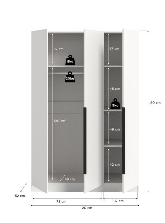 Kleiderschrank Swan in wei� Dreht�renschrank 3-t�rig 120 x 181 cm