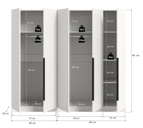 Kleiderschrank Swan in wei� Dreht�renschrank 5-t�rig 200 x 181 cm