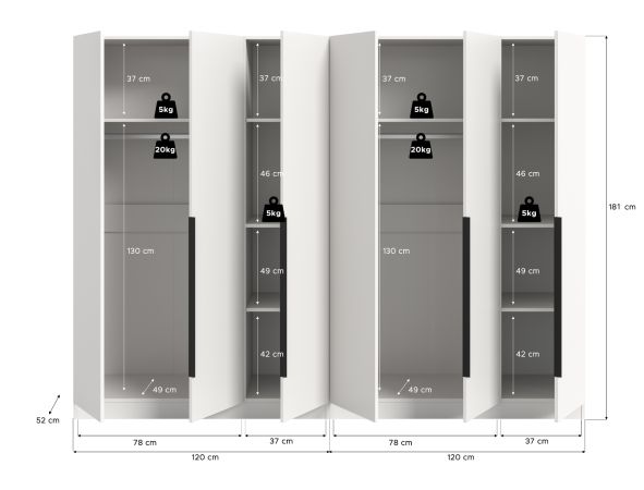 Kleiderschrank Swan in wei� Dreht�renschrank 6-t�rig 240 x 181 cm