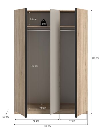 Kleiderschrank Girona in Sonoma Eiche und Kaschmir Dreht�renschrank 3-t�rig 130 x 183 cm