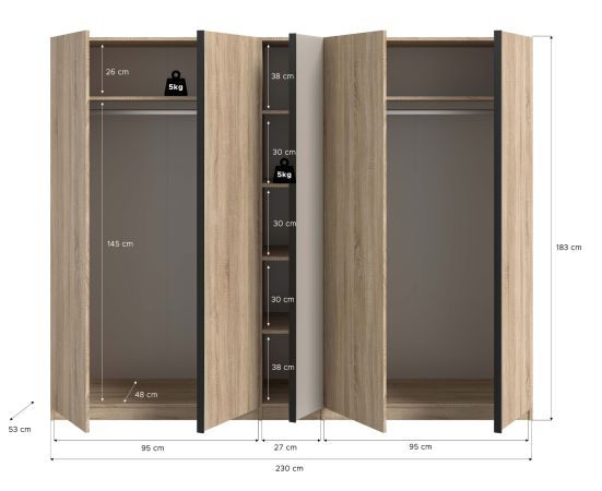 Kleiderschrank Girona in Sonoma Eiche und Kaschmir Dreht�renschrank 5-t�rig 230 x 183 cm