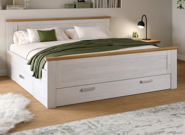 Bett Mirano in wei� L�rche und Eiche Artisan Landhaus Stauraumbett mit 3 x Bettschubkasten Liegefl�che 180 x 200 cm