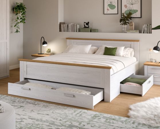 Bett Mirano in wei� L�rche und Eiche Artisan Landhaus Stauraumbett mit 3 x Bettschubkasten Liegefl�che 180 x 200 cm