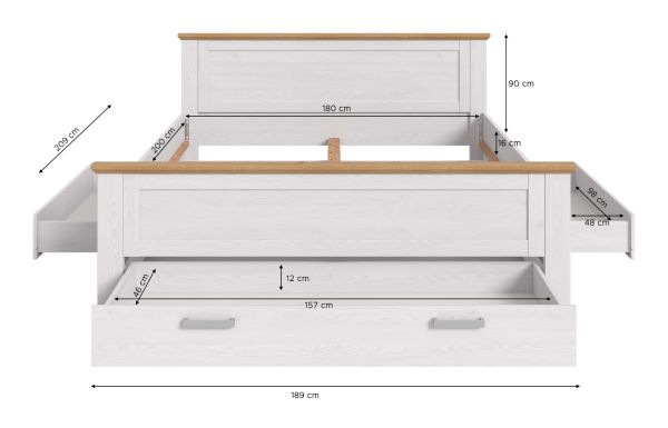 Bett Mirano in wei� L�rche und Eiche Artisan Landhaus Stauraumbett mit 3 x Bettschubkasten Liegefl�che 180 x 200 cm