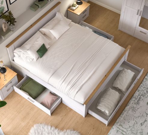 Bett Mirano in wei� L�rche und Eiche Artisan Landhaus Stauraumbett mit 3 x Bettschubkasten Liegefl�che 180 x 200 cm