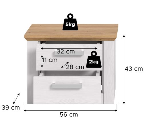 Nachttisch Mirano in wei� L�rche und Eiche Artisan Landhaus Nachtkommode 56 x 43 cm