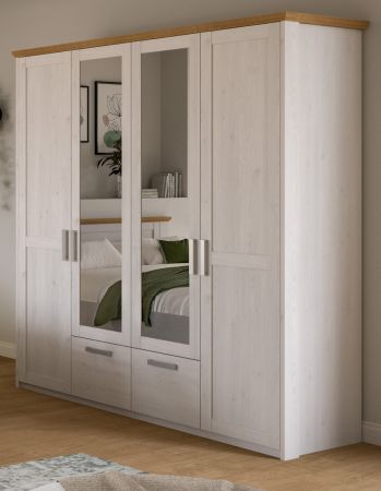 Kleiderschrank Mirano in wei� L�rche und Eiche Artisan Landhaus Dreht�renschrank 4-t�rig mit Spiegel
