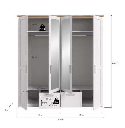 Kleiderschrank Mirano in wei� L�rche und Eiche Artisan Landhaus Dreht�renschrank 4-t�rig mit Spiegel
