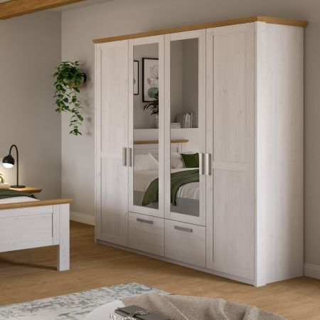 Kleiderschrank Mirano in wei� L�rche und Eiche Artisan Landhaus Dreht�renschrank 4-t�rig mit Spiegel