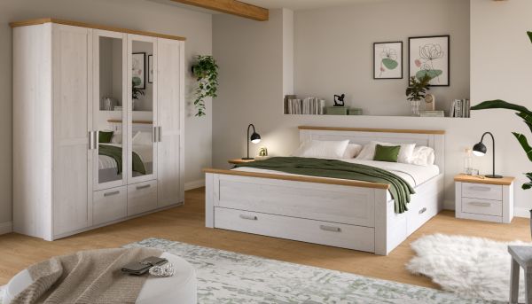 Kleiderschrank Mirano in wei� L�rche und Eiche Artisan Landhaus Dreht�renschrank 4-t�rig mit Spiegel