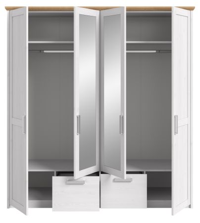 Kleiderschrank Mirano in wei� L�rche und Eiche Artisan Landhaus Dreht�renschrank 4-t�rig mit Spiegel