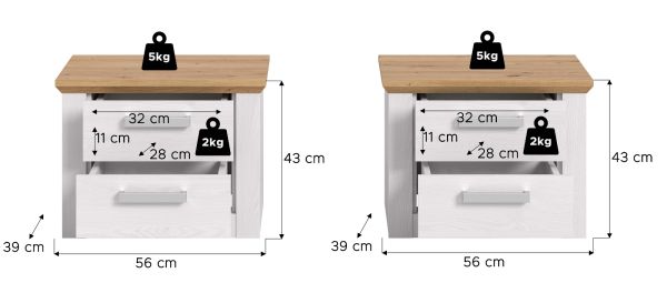 Nachttisch Set Mirano in wei� L�rche und Eiche Artisan Landhaus 2 x Nachtkommode 56 x 43 cm