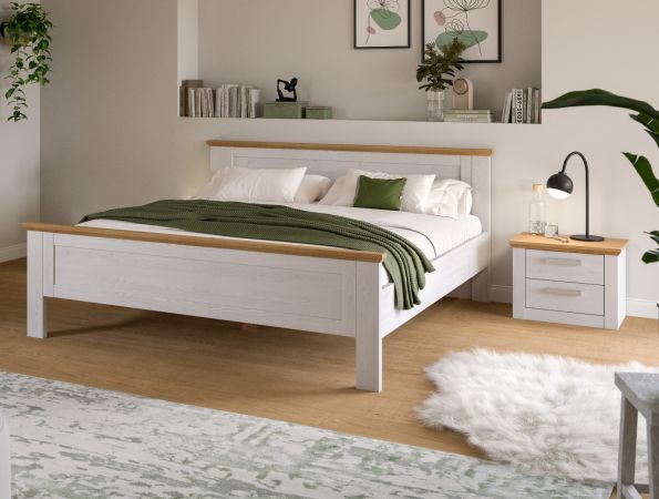Schlafzimmer Mirano in wei� L�rche und Eiche Artisan Landhaus Set mit Bett Liegefl�che 180 x 200 cm und Nachttisch